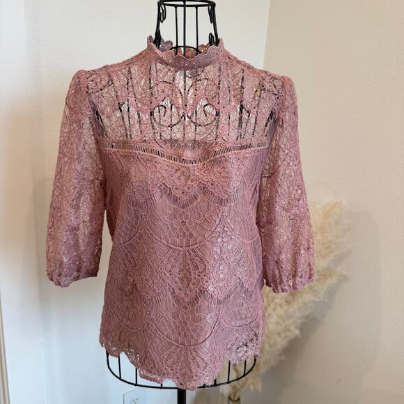 BB Dakota Mock Neck Pink Lace Sheer Romantic Blouse XS - Picture 1 of 7